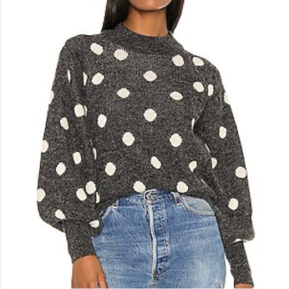 Blank NYC Black and Cream Polka Dot Ballon Tapered Sleeves Crewneck Sweater